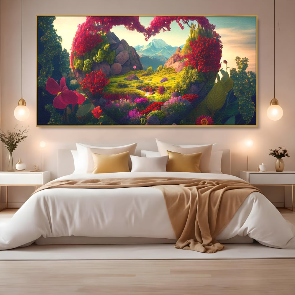Tablou canvas cu ilustratie digitala peisaj in forma de inima, in rama de aluminiu auriu, pe perete intr-un dormitor